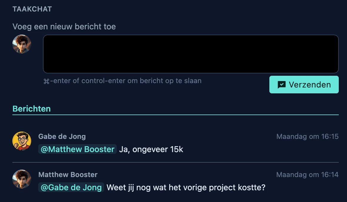 Chat bij elk item en elke taak